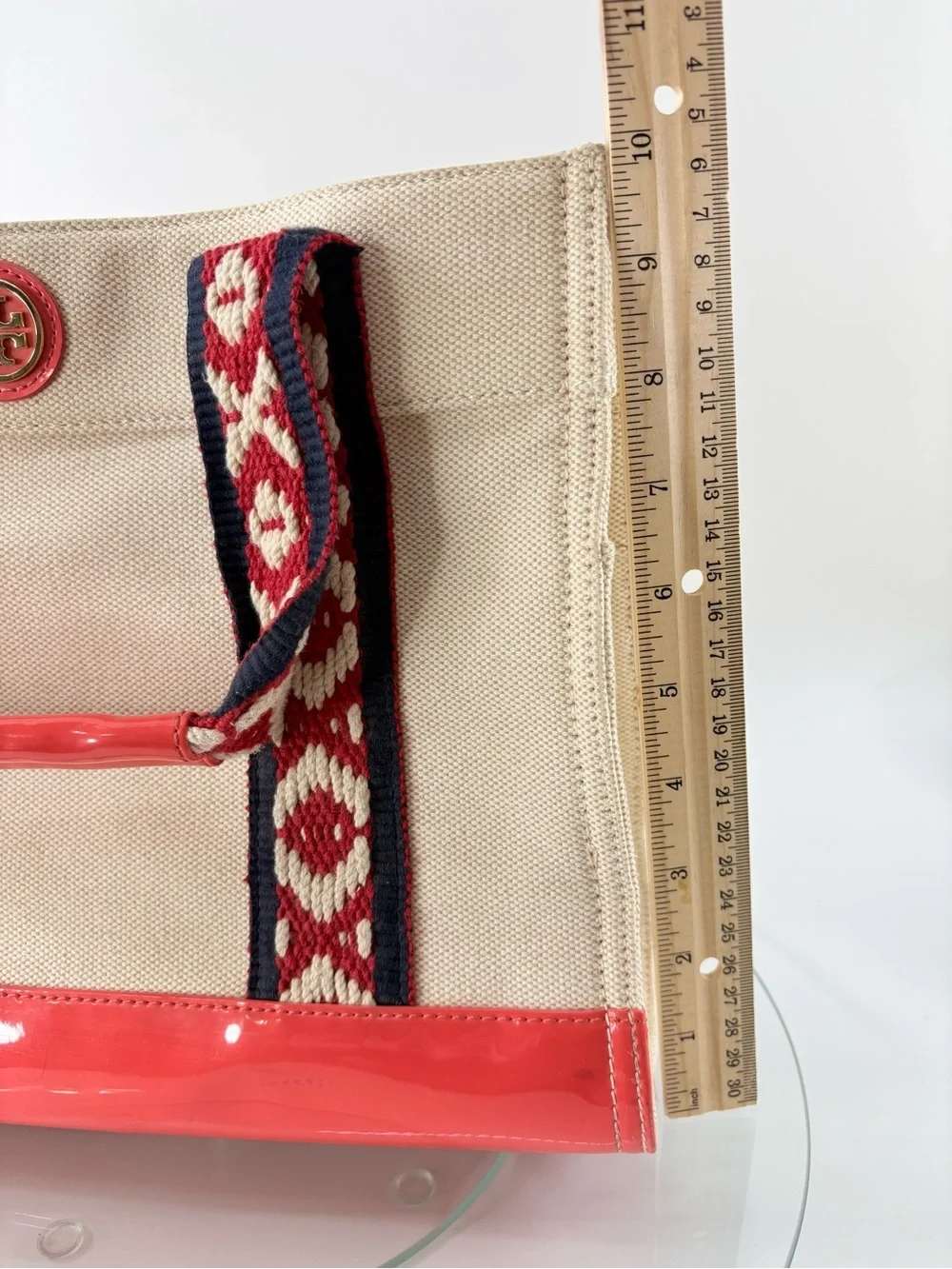 Tory Burch Canvas Tote Bag Coral Patent Trim Embroidered Straps Beach Summer